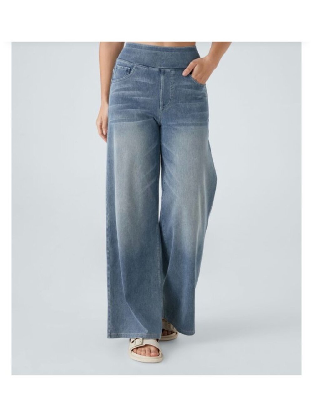 Halara M Wide-Leg Denim Pants With Back Pockets Stretch Waistband And Light Wash